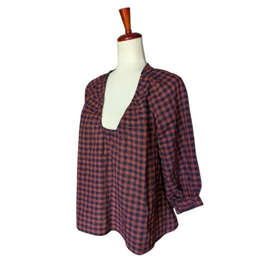 Never A Wallflower Womens Gingham Ruffle U-Neck Blouse Red Navy Blue Size M NWT - Picture 3 of 7